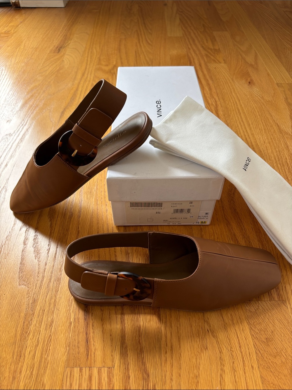 Vince Tan Brown Leather Slingback Flats with Tortoiseshell Buckle